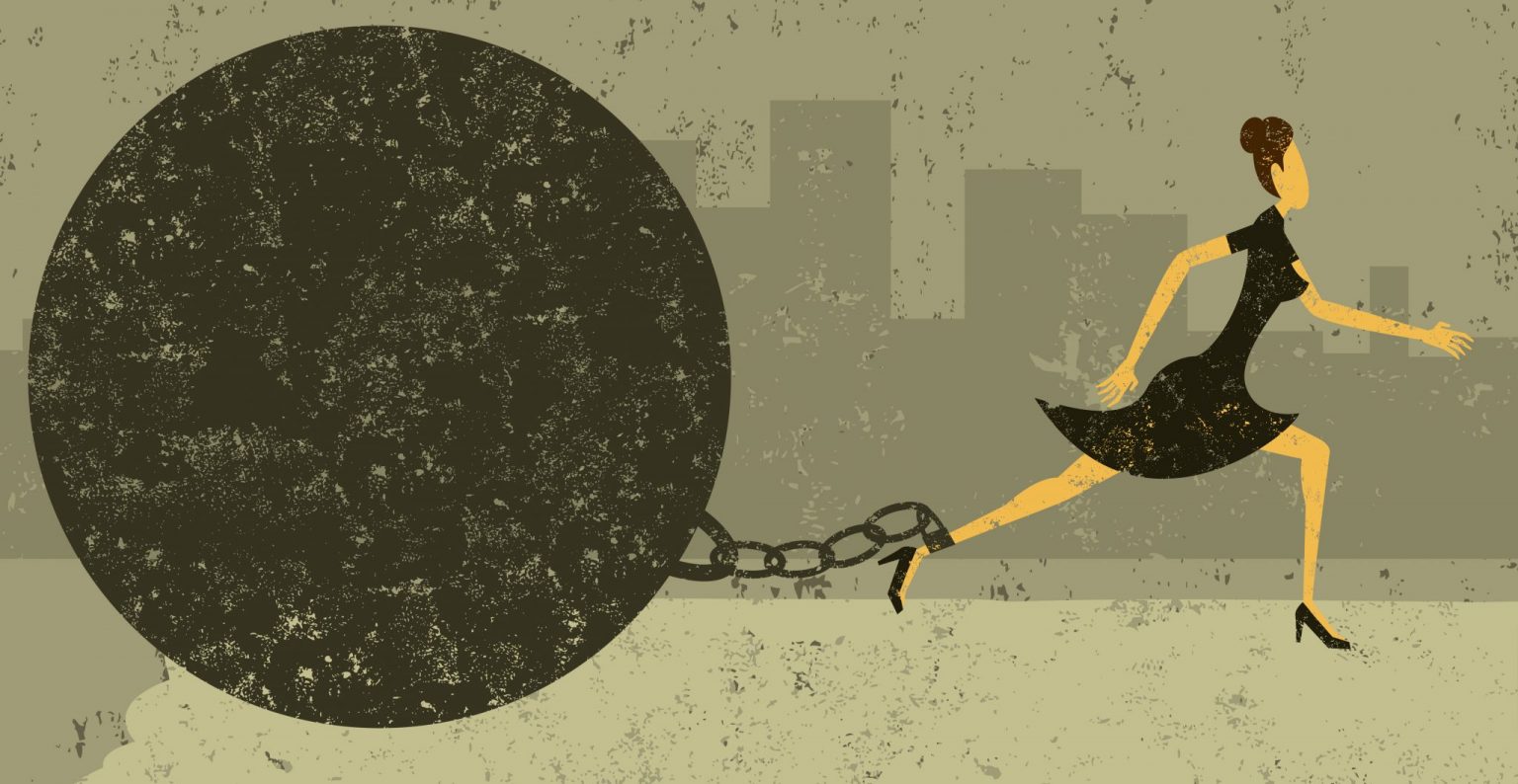 The Power Of Saying No Ball and Chain A businesswoman trying to escape from her ball and chain. The woman with ball & chain and the background are on separately labeled layers.