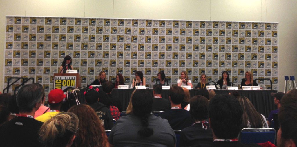 The Most Dangerous Women at Comic-Con panel, featuring Jenna Busch (founder of Legion of Leia), Susan Eisenberg (Justice League), Jane Espenson (Once Upon a Time), Jacqueline Goehner (costume designer), Makayla Lynn (Legendary Digital Networks),Chase Masterson (The Flash, Star Trek: Deep Space 9), Dr. Janina Scarlet (Superhero Therapy), Stephanie Thorpe (ElfQuest: A Fan Imagining), and Jessica Tseang (comics historian).